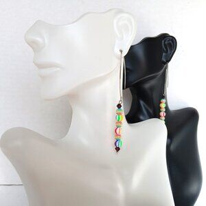 Handmade Rainbow Striped Earrings With Round Beads on Silver Boomerang Hooks